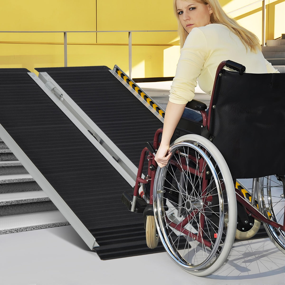 Rampa Portátil de Alumínio de 122 cm para Cadeira de Rodas com Placa de Transição e Superfície Antiderrapante