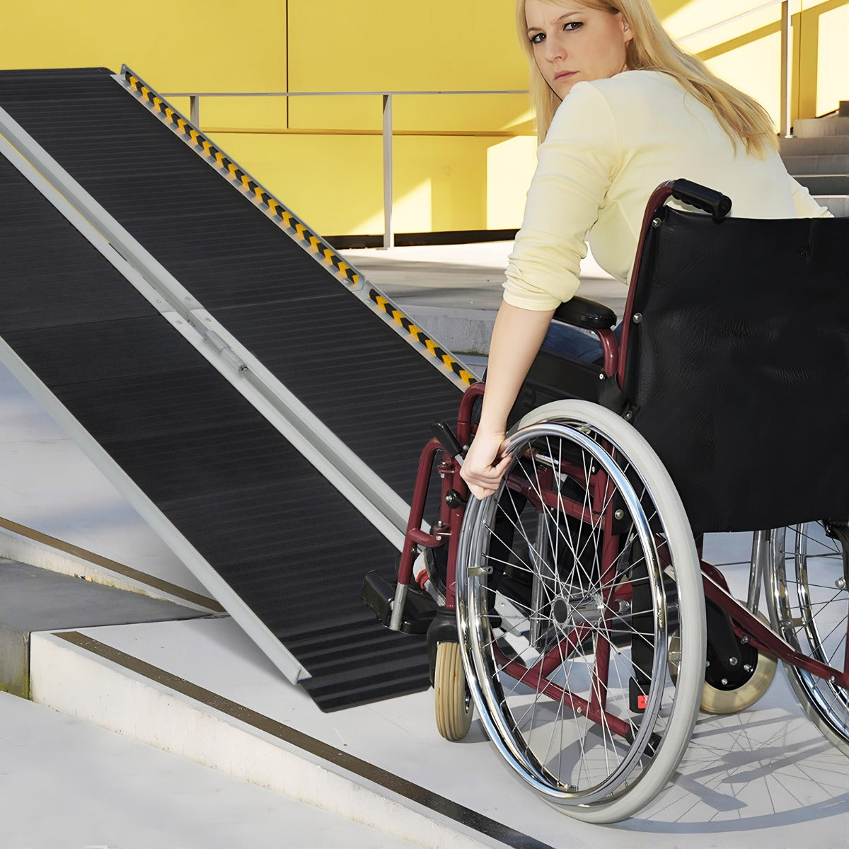 Rampa Portátil de Alumínio de 183 cm para Cadeira de Rodas com Placa de Transição e Superfície Antiderrapante