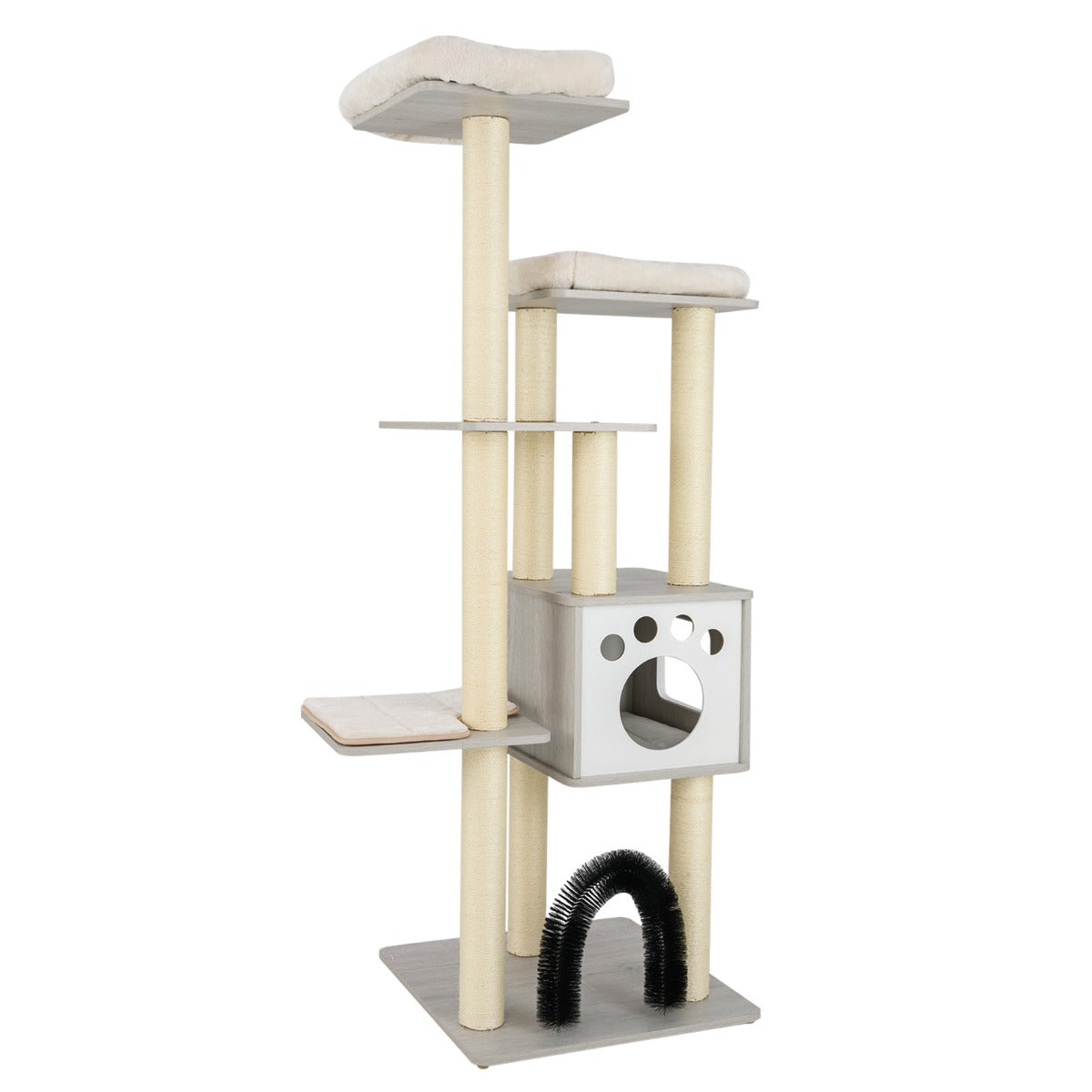 Torre para Gatos de Interior Moderna de 6 Níveis com 2 Perchas Arco para Gatos Que os Escova Automaticamente Cinza