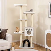 Torre para Gatos de Interior Moderna de 6 Níveis com 2 Perchas Arco para Gatos Que os Escova Automaticamente Cinza