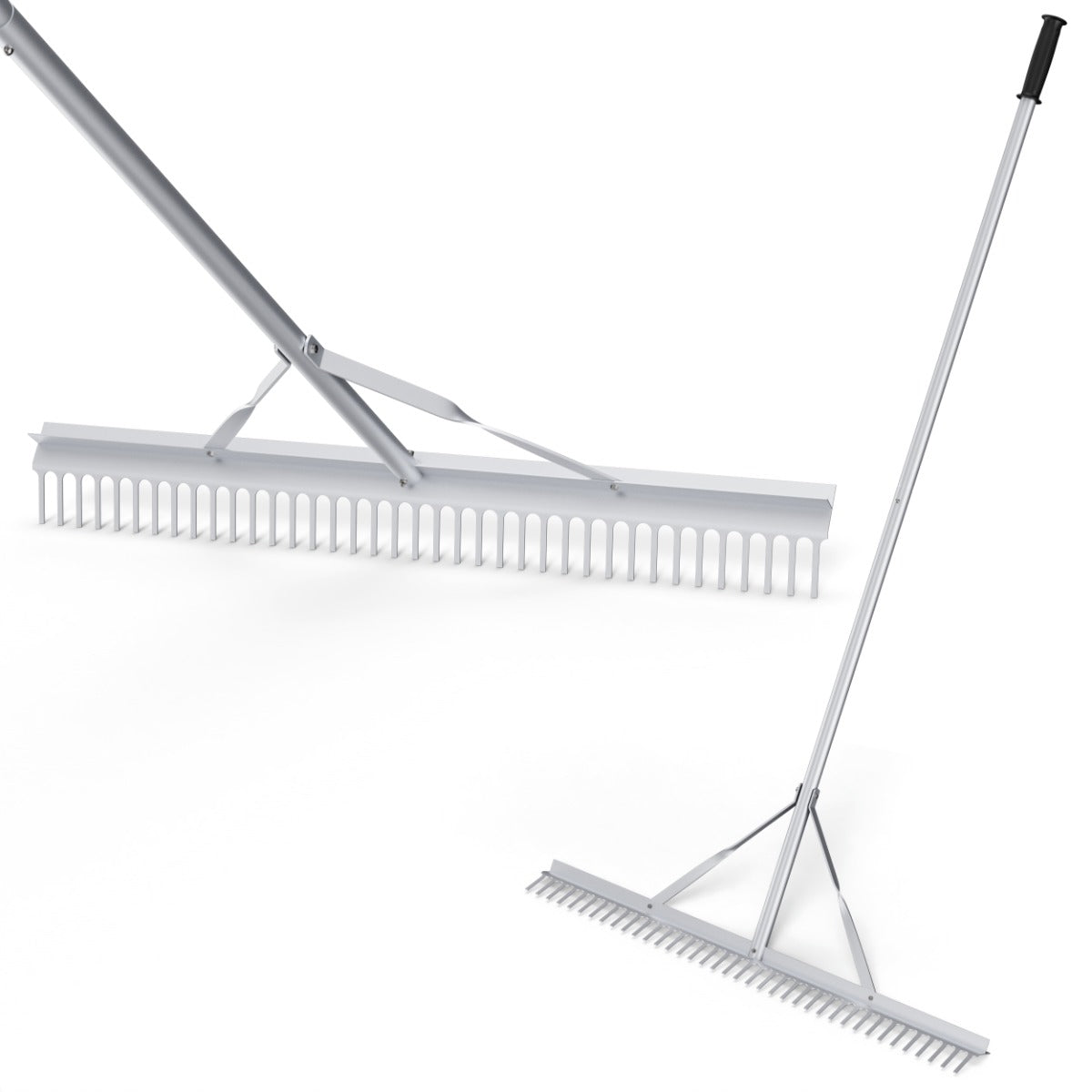 Rastrillo com Cabeça de Alumínio de 174 cm e 36 Dentes - Ferramenta Resistente para Tratar de Jardim, Lago, Lagoa e Praia em Prateado