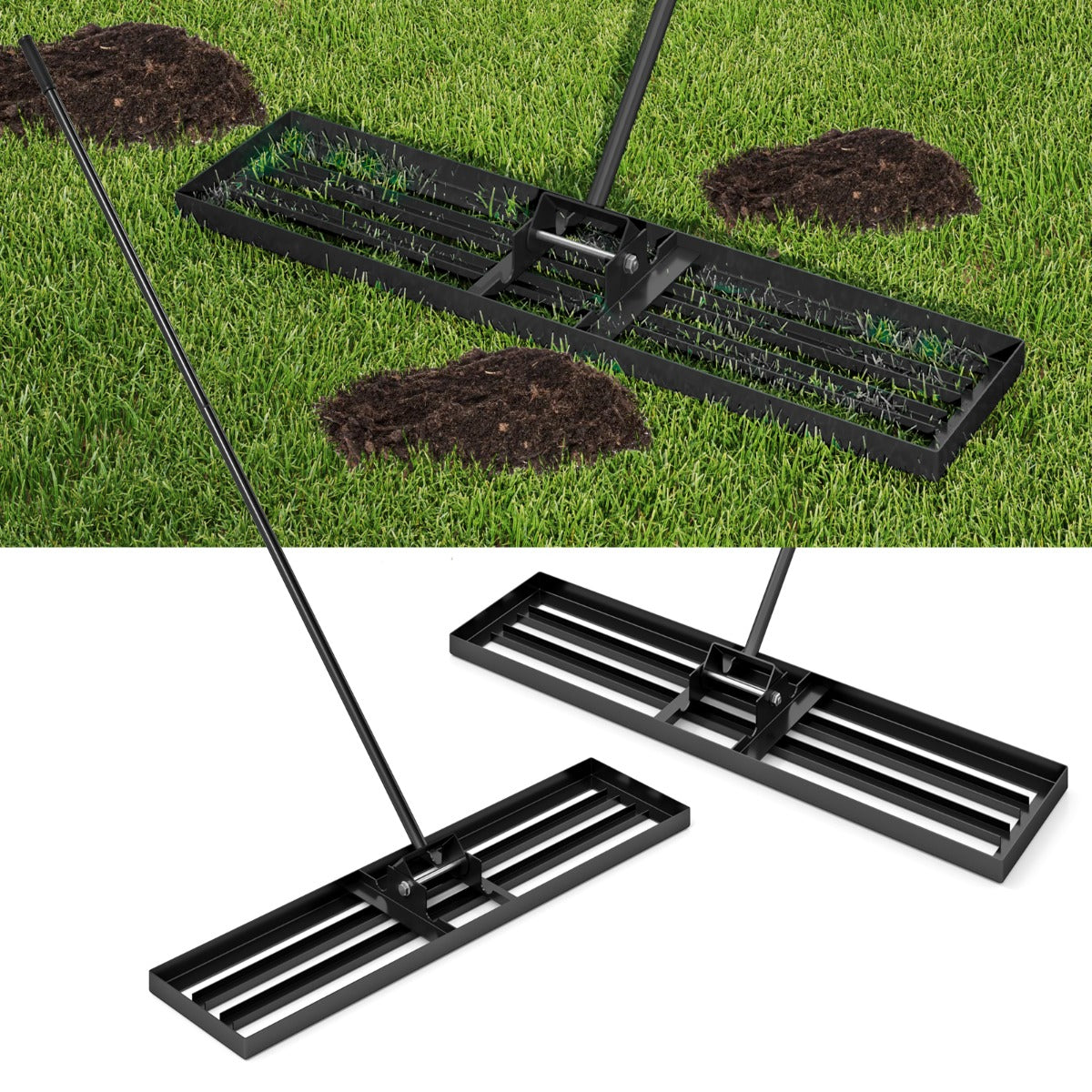 Rastrillo para Nivelar Relvado Ferramenta Pesada para Nivelar Solo de 106 x 25 cm com Pega de 170 cm - Preto