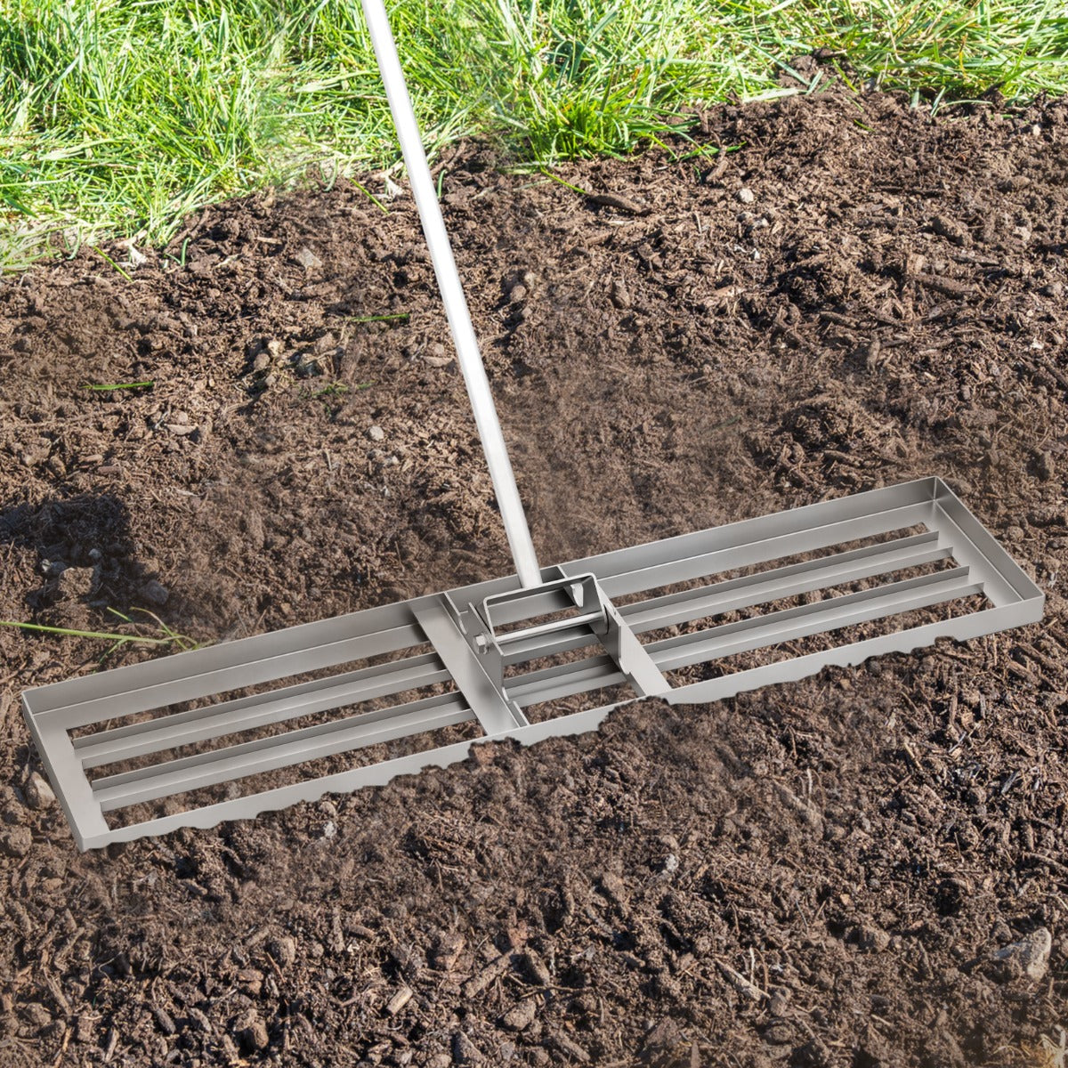 Rastrillo para Nivelar Relva Ferramenta Pesada para Nivelar Solo de 106 x 25 cm com Pega de 170 cm - Prateado