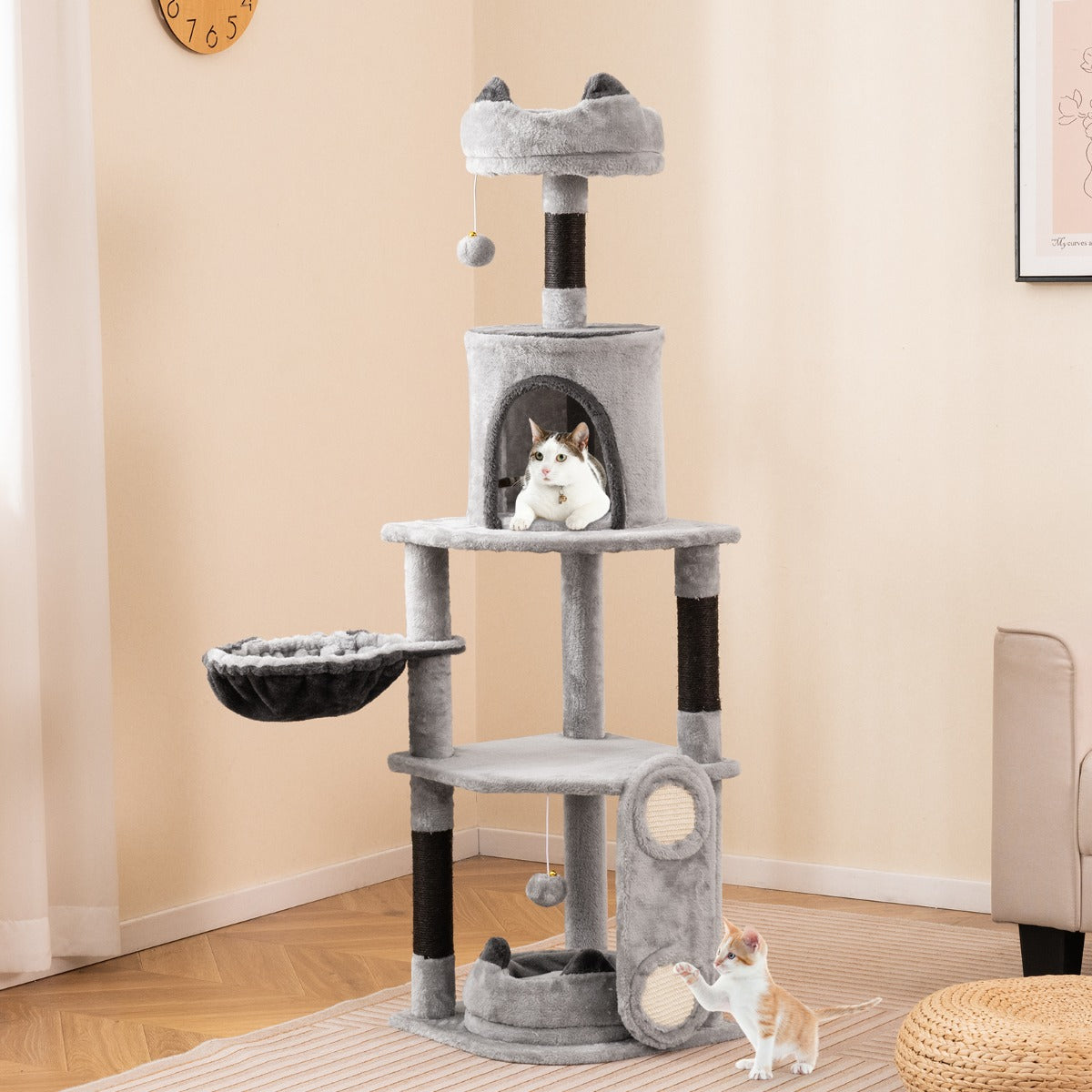 Torre para Gatos de 144cm com Postes de Sisal e Plataformas Cinza