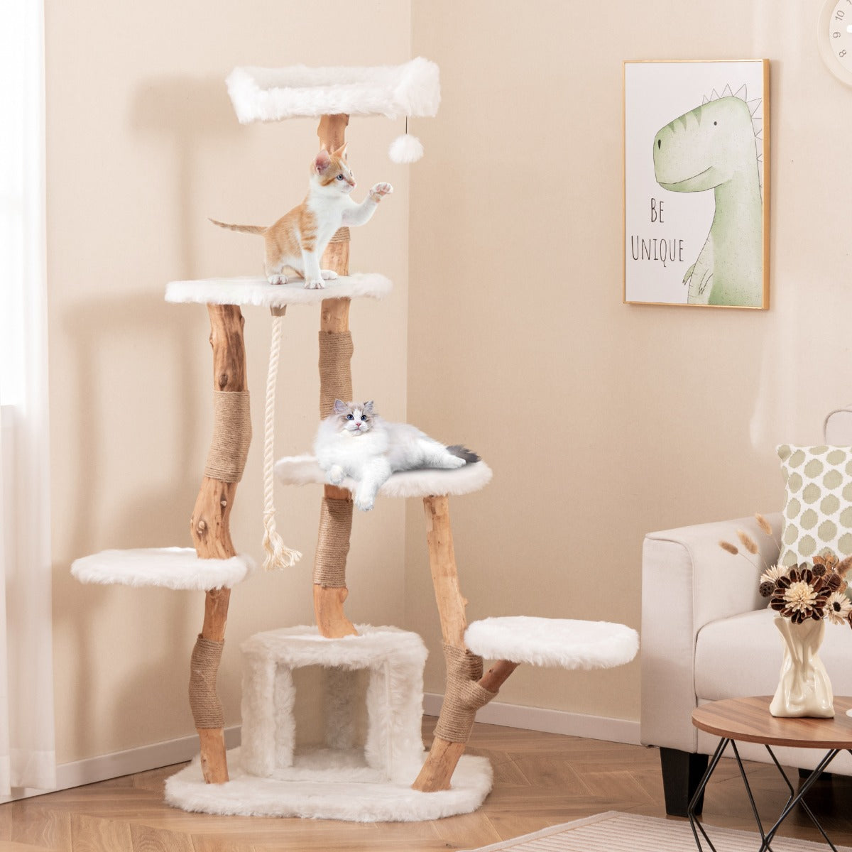 Torre para Gatos em Madeira Sólida de 168 CM com Condomínio e Postes de Arranhar