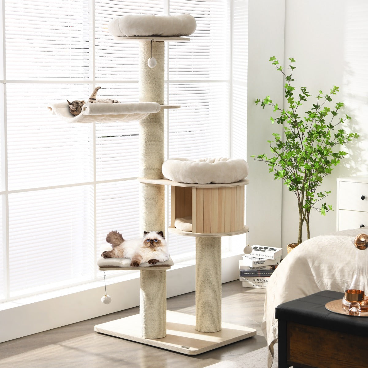 Torre para Gatos de 4 Níveis com Postes Arranhadores de Sisal Plataforma de Peluche Centro de Atividades para Gatos 75 x 56 x 174 cm Natural