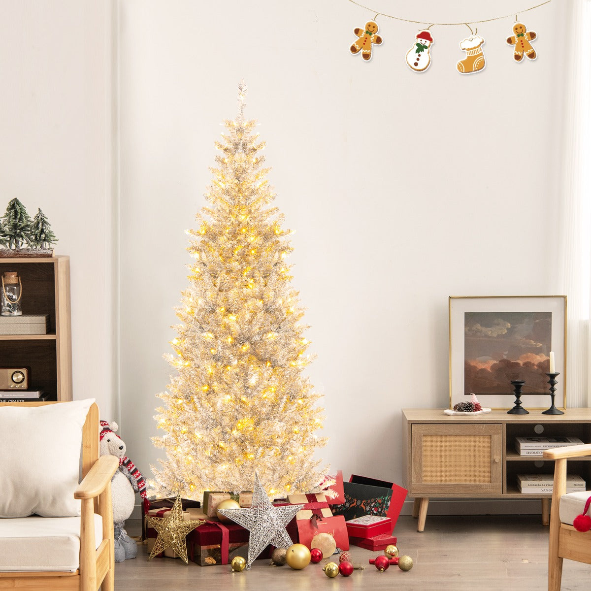 Árvore de Natal Artificial de 180cm em Oropel Prateado com 790 Pontas de Ramos e 300 Luzes LED Brancas Quentes