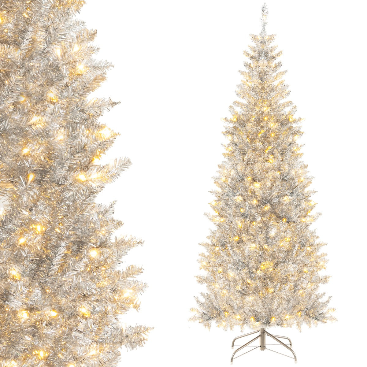 Árvore de Natal Artificial de 180cm em Oropel Prateado com 790 Pontas de Ramos e 300 Luzes LED Brancas Quentes