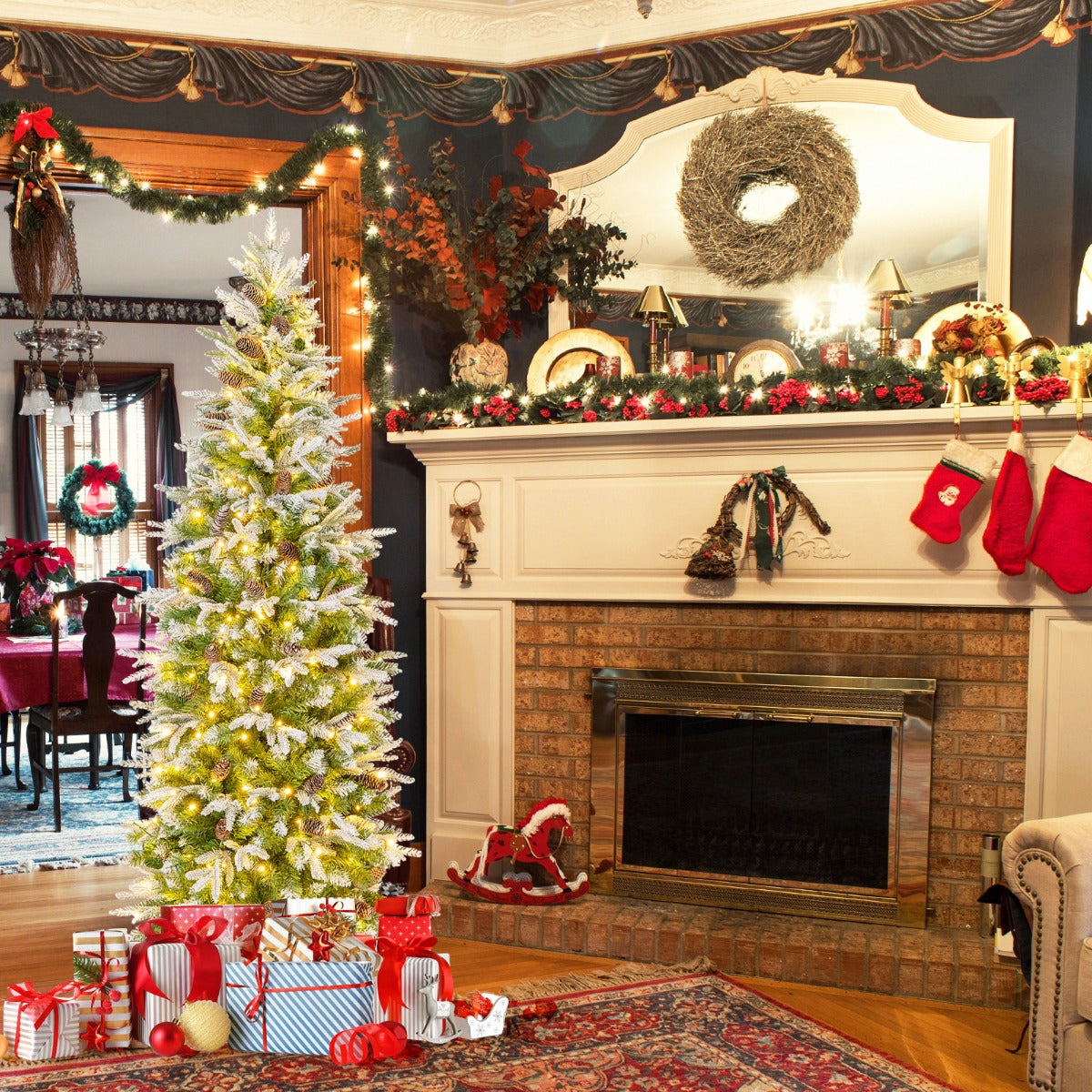 Árvore de Natal de 190 cm Pré-iluminada para Decoração de Festas com 280 Luzes LED, Neve Simulada, 671 Ramos Articulados e 60 Pinhas - Árvore Slim