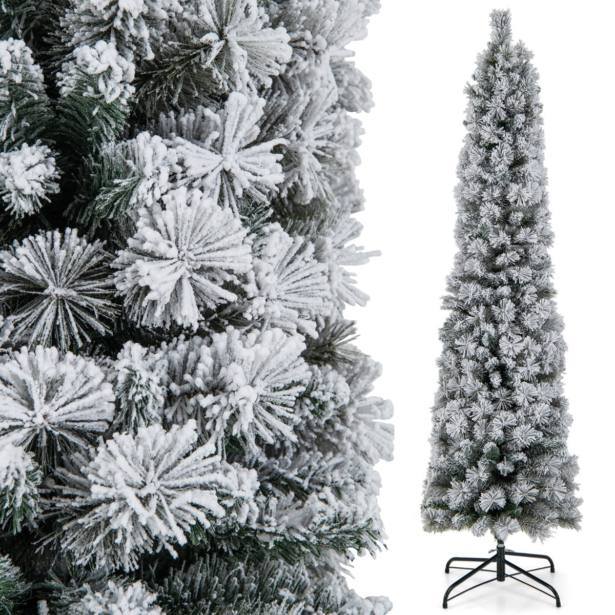 Árvore de Natal 180cm em Forma de Lápis Nevado com 150 Luzes Brancas Quentes 373 Pontas de Ramos Agulhas de Pinheiro