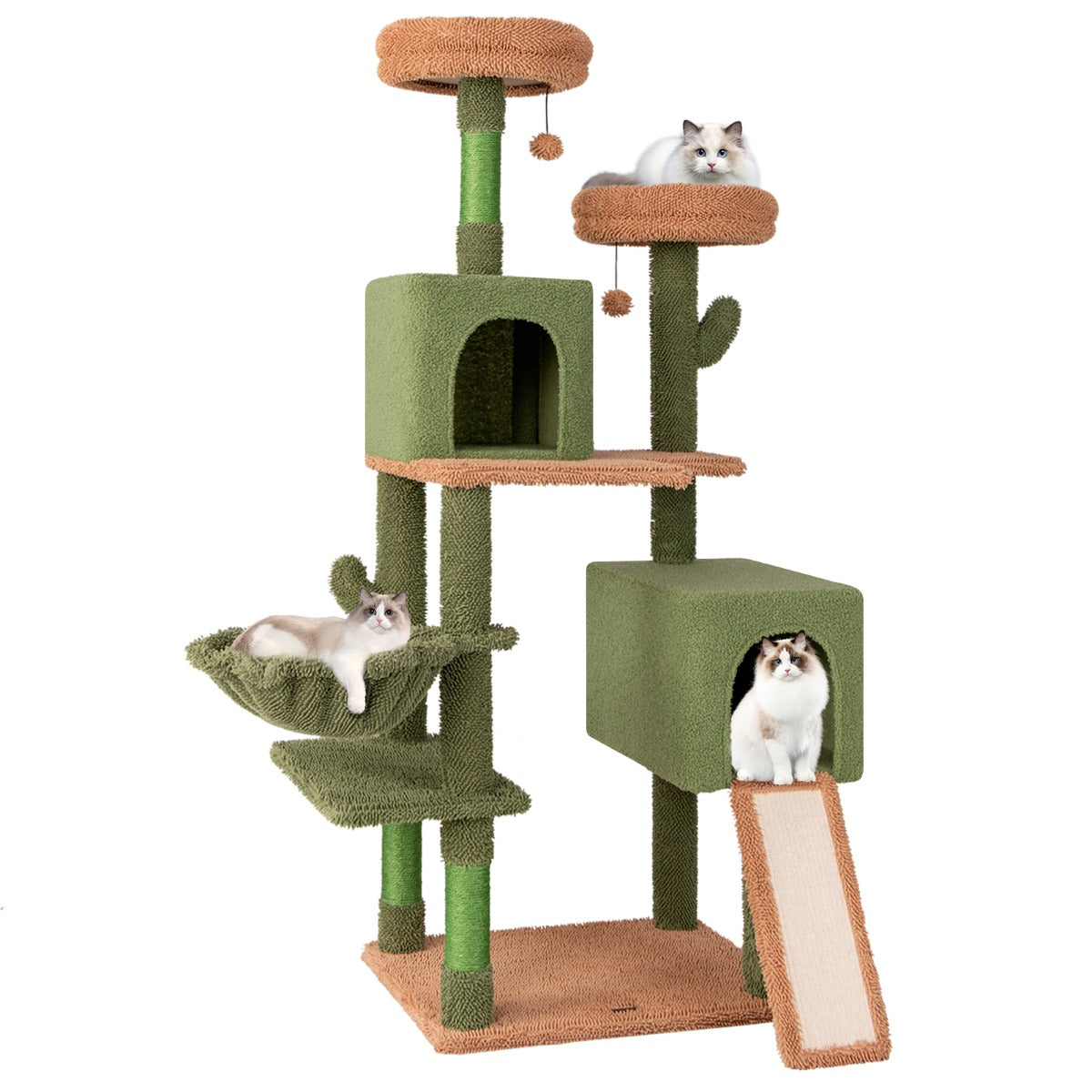 Torre de Cactos para Gatos 160cm com Vários Níveis - Verde e Castanho