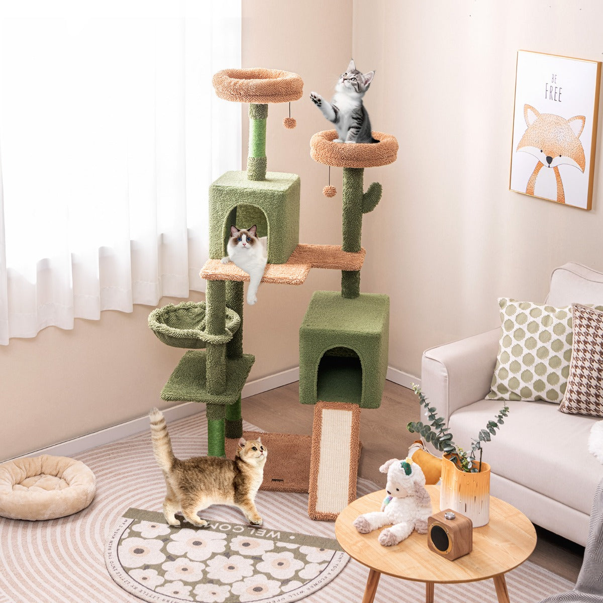 Torre de Cactos para Gatos 160cm com Vários Níveis - Verde e Castanho