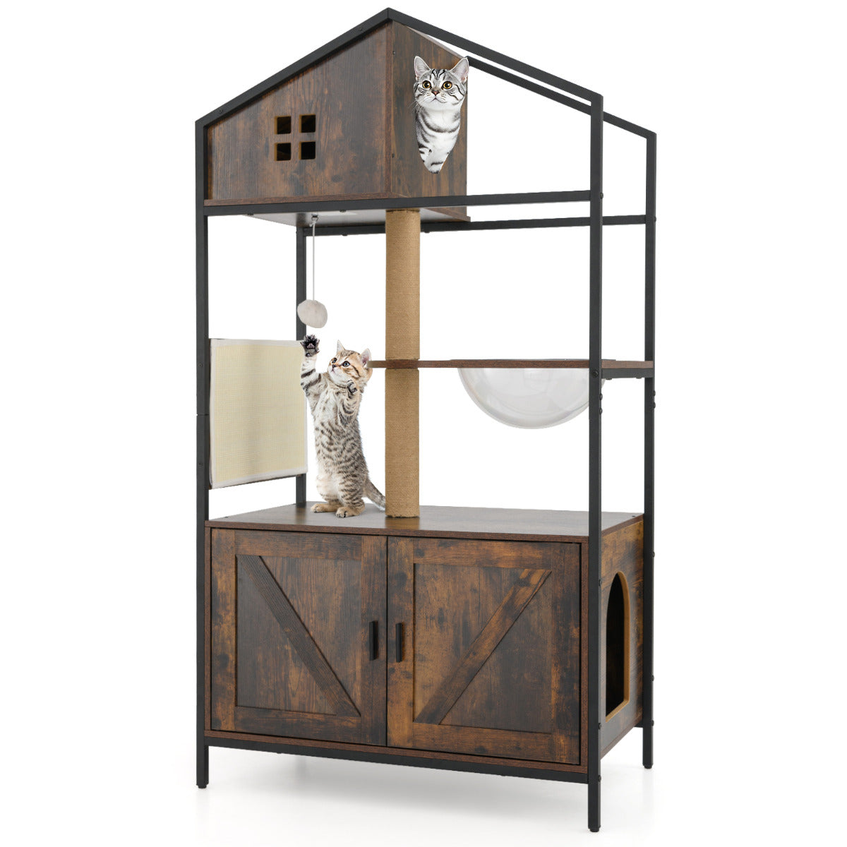 Torre para Gatos com Compartimento para Caixa de Areia - Árvore Industrial com Banheiro Oculto Postes Arranhadores Cápsula Espacial Bola Castanha