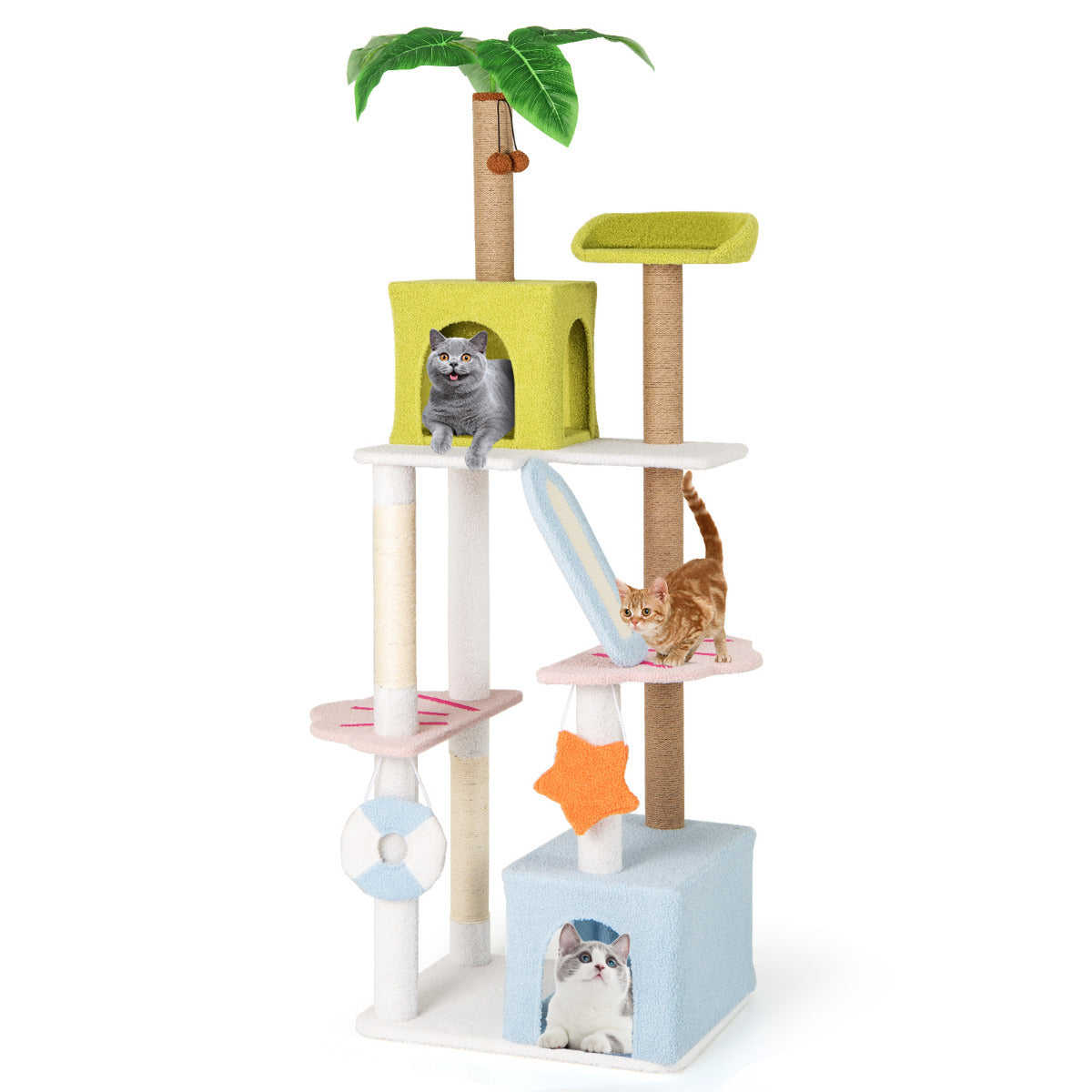 Torre para Gatos de 180 cm com Design de Praia, 2 Condos e Postes de Arranhar