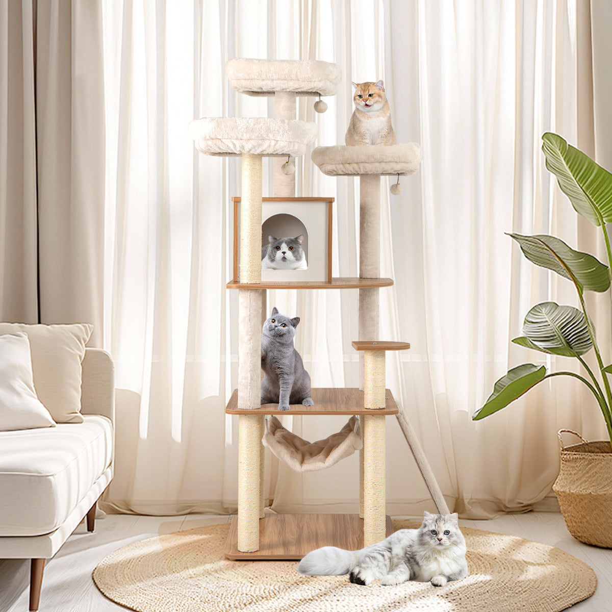 Torre para Gatos de 168 cm com 3 Perchas Acolchoadas e Escalada em Madeira