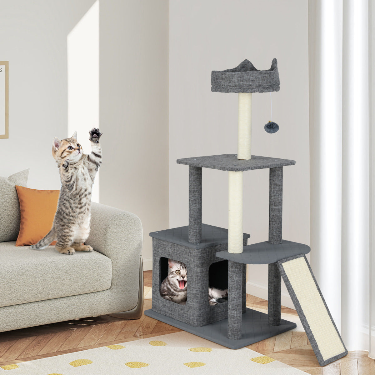 Torre de Gatos Moderna para Interior com Postes Rascadores e Rampa de Sisal - Cinzenta
