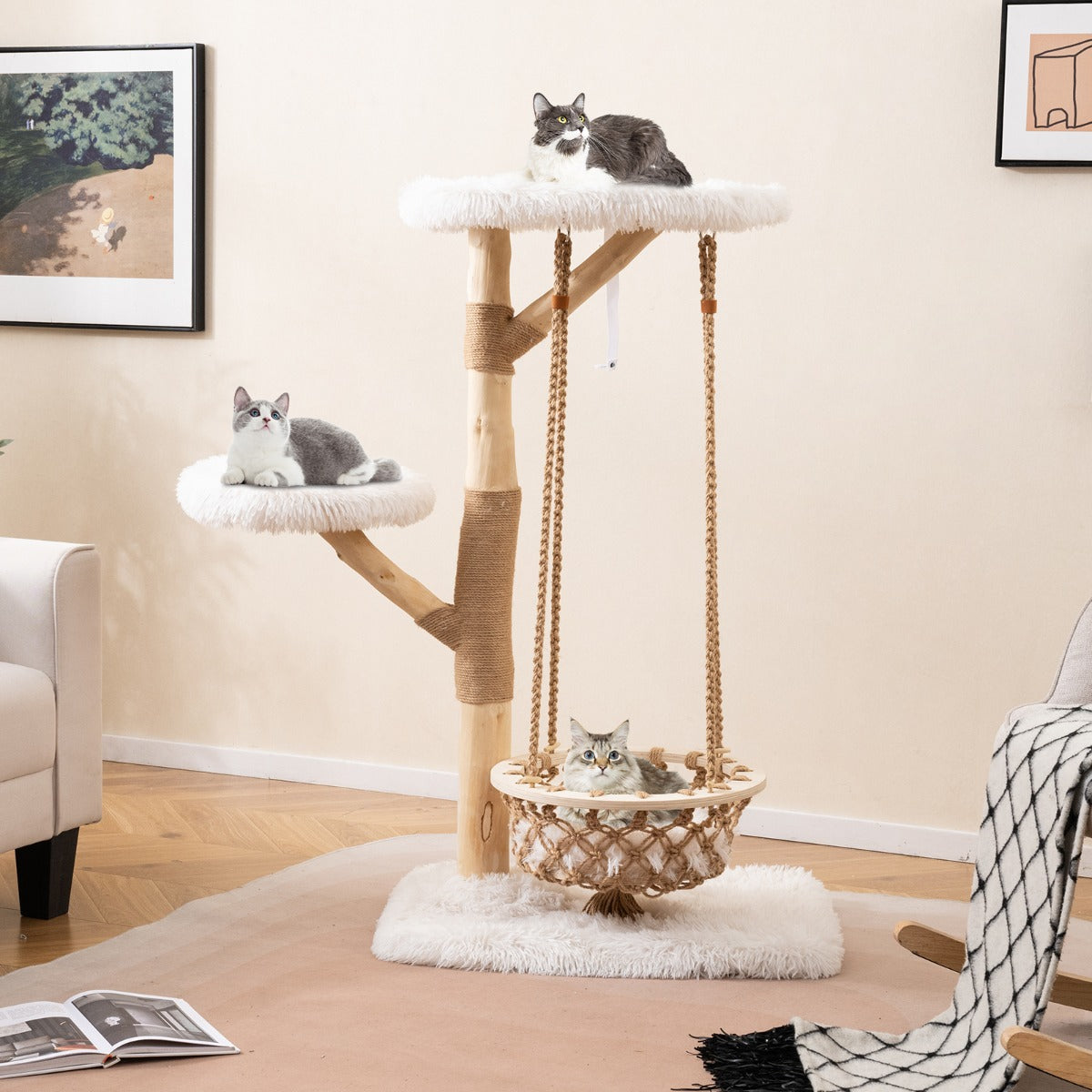 Árvore para Gatos Moderna com Rede Pendurada, Ramos de Madeira, Postes Arranhadores de Juta e 2 Perches