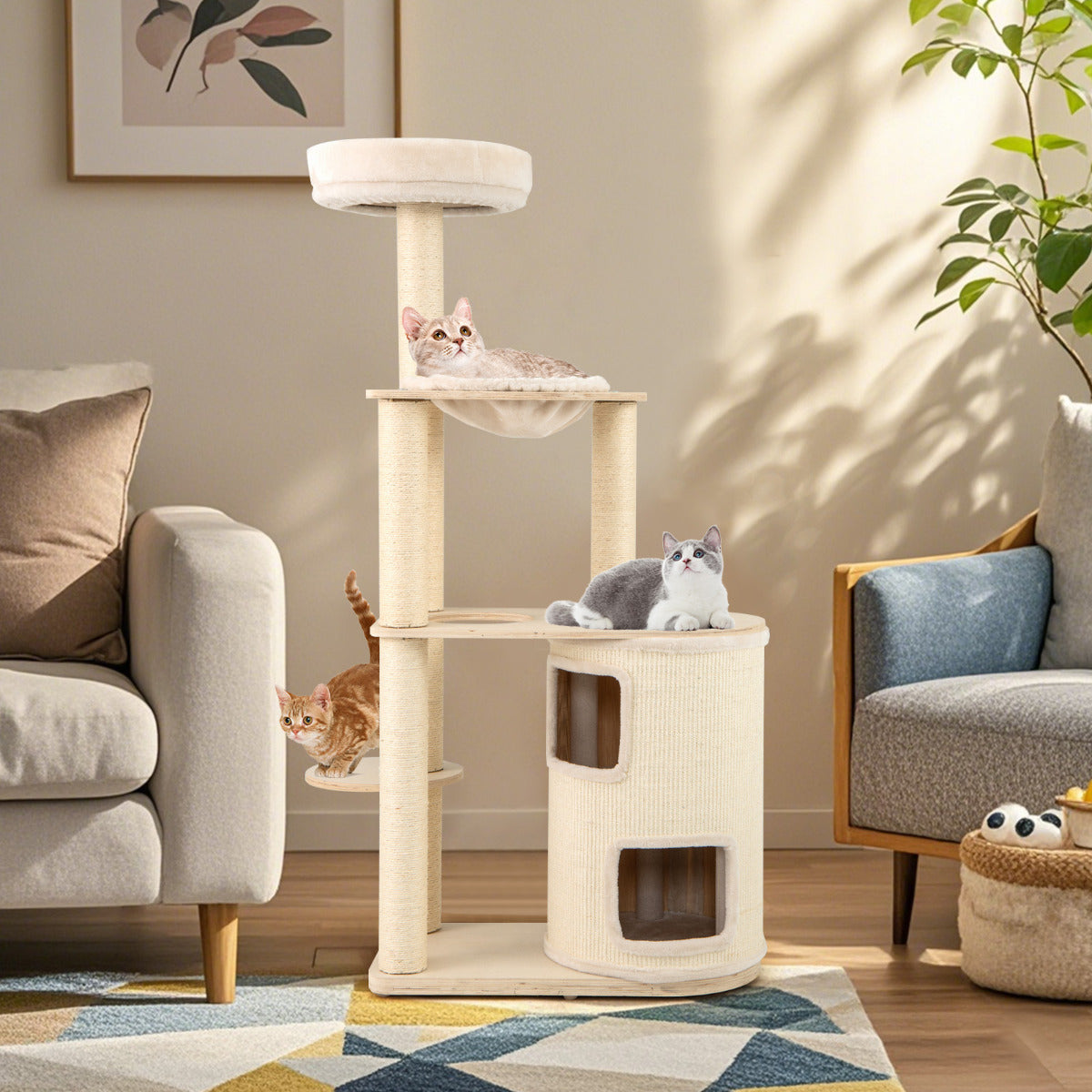 Árvore para Gatos Alta de 151 cm com Condomínio de Madeira, Postes Arranhadores e Hamaca - Natural+Branco