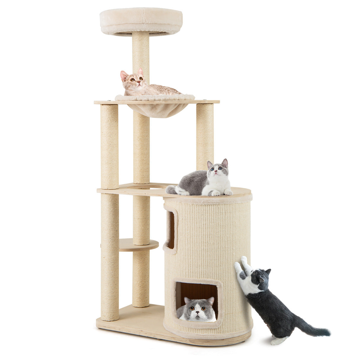 Árvore para Gatos Alta de 151 cm com Condomínio de Madeira, Postes Arranhadores e Hamaca - Natural+Branco