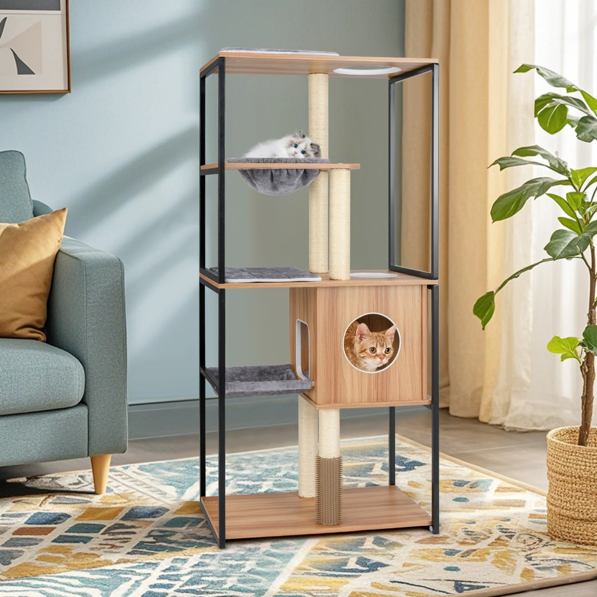 Torre para Gatos de 160 cm com Estrutura Metálica e Percha, Plataformas, Hamaca e Auto-escova para Gatos