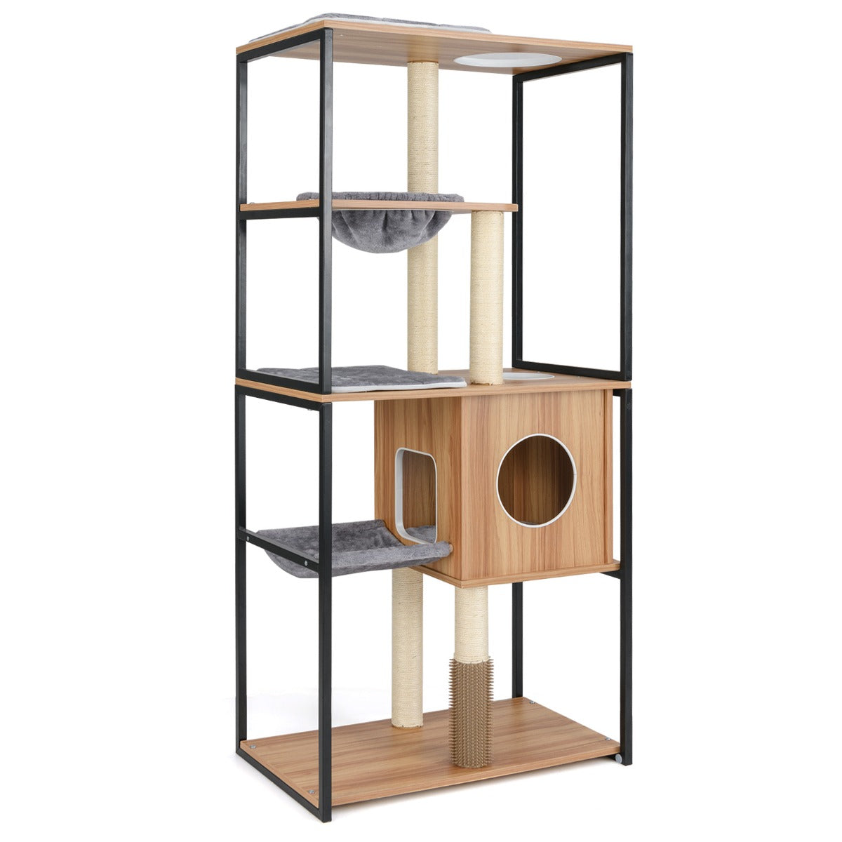 Torre para Gatos de 160 cm com Estrutura Metálica e Percha, Plataformas, Hamaca e Auto-escova para Gatos