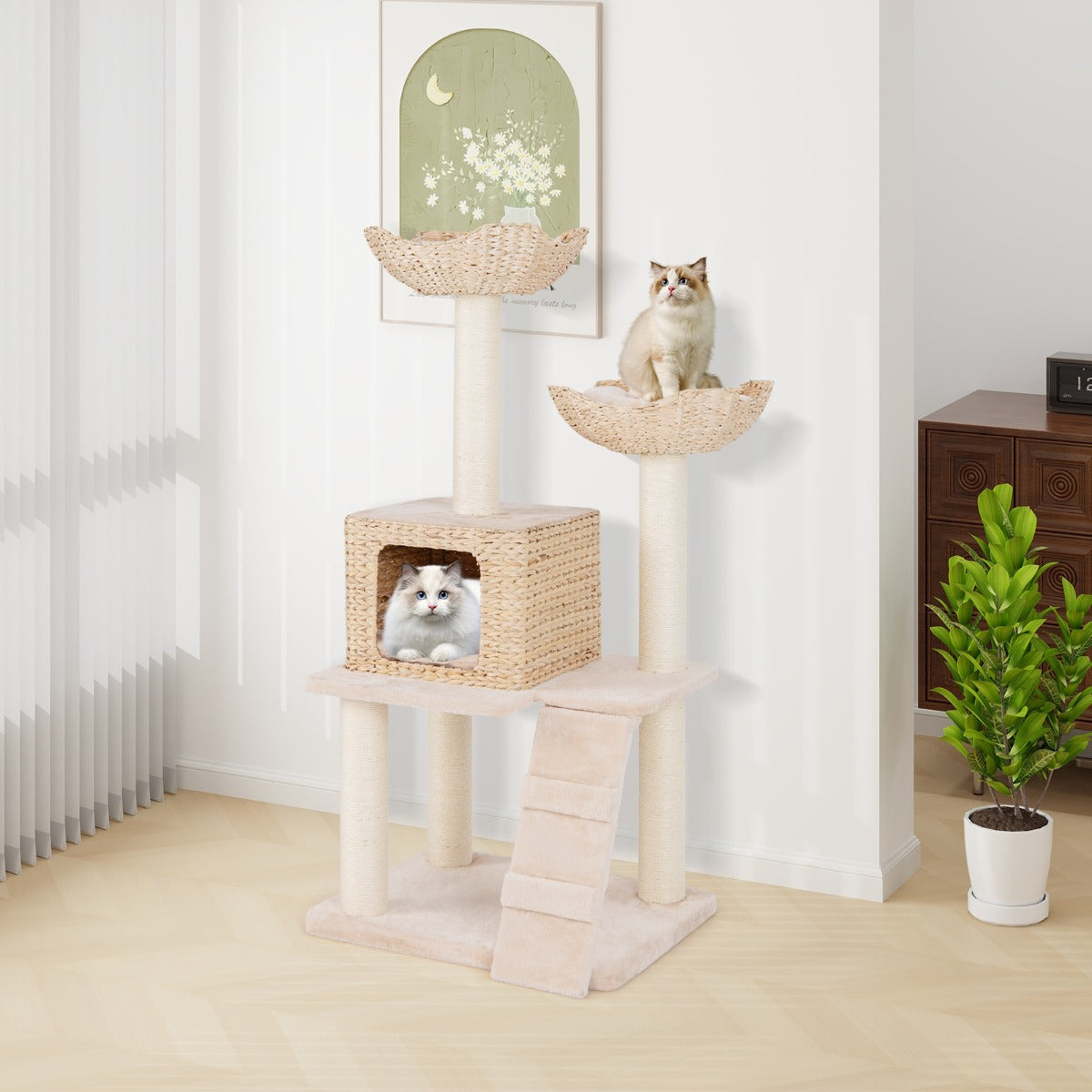 Torre de Gatos em Vime de 122 CM com 4 Níveis e Postes de Arranhar em Sisal Bege