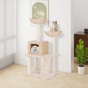 Torre de Gatos em Vime de 122 CM com 4 Níveis e Postes de Arranhar em Sisal Bege
