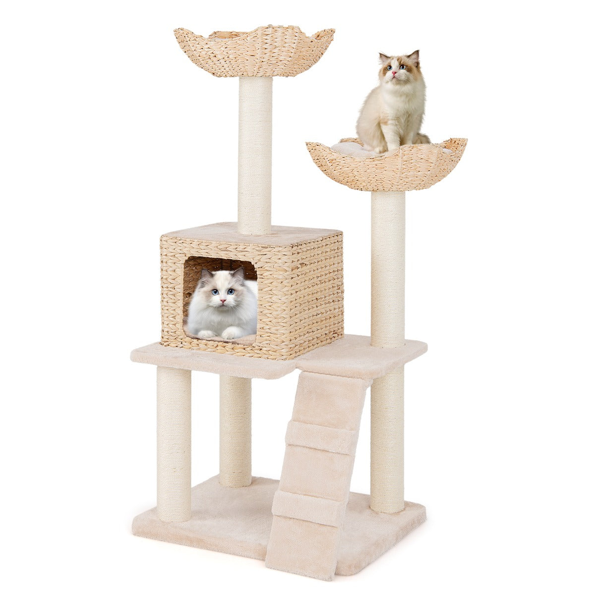 Torre de Gatos em Vime de 122 CM com 4 Níveis e Postes de Arranhar em Sisal Bege