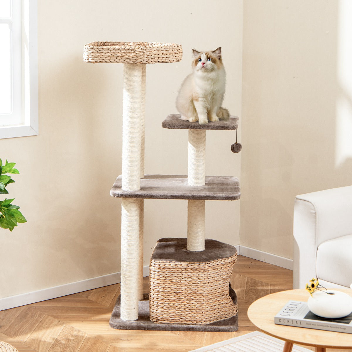 Torre para Gatos em Totora de 131 CM com 4 Níveis e Postes de Arranhar em Sisal