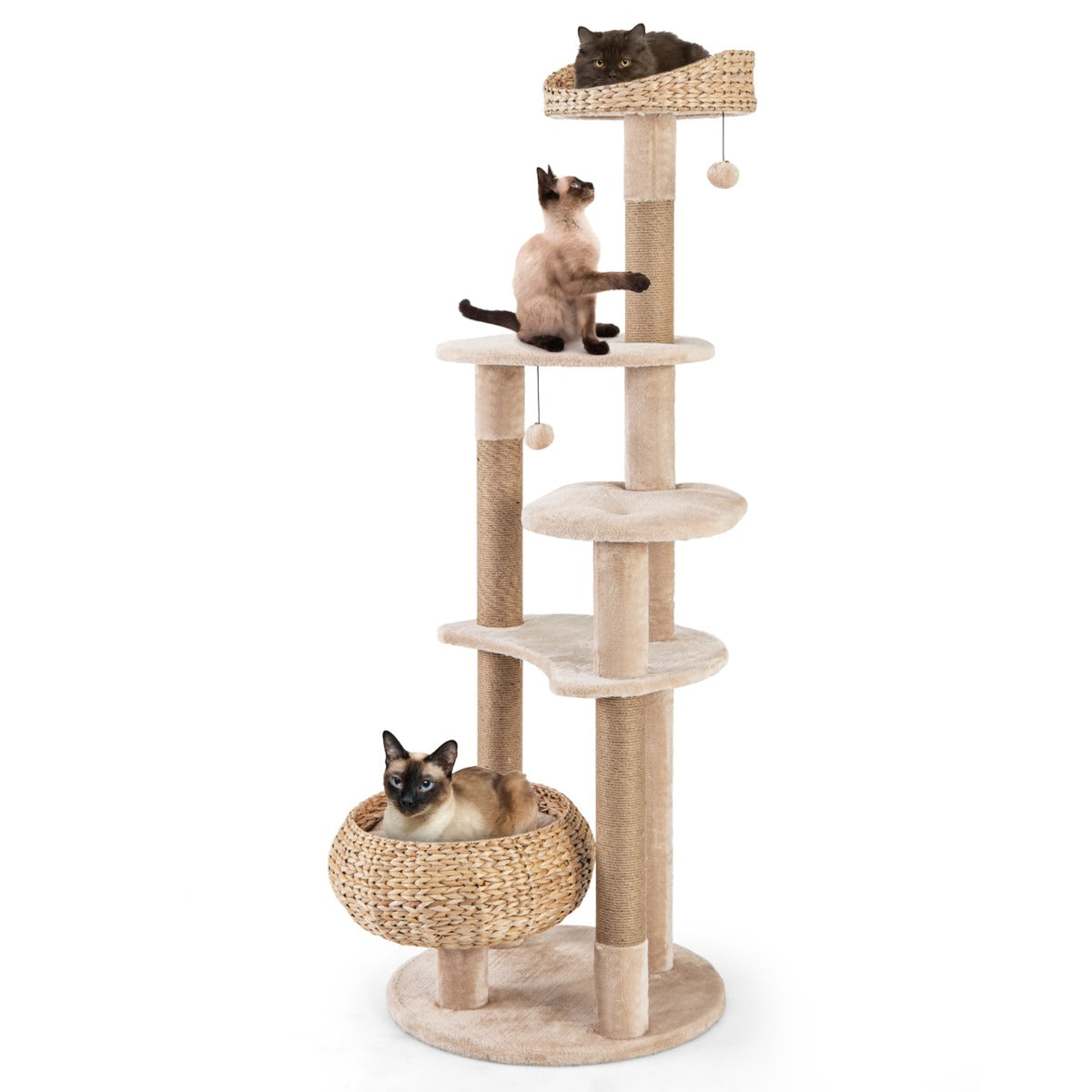 Torre de Gatos em Totora de 164 CM com 6 Camadas e Postes de Arranhar em Juta - Bege