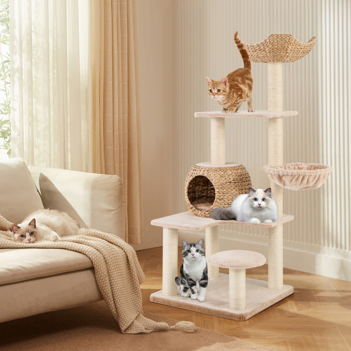 Torre para Gatos de 150 CM com 5 Níveis e Postes de Sisal - Bege