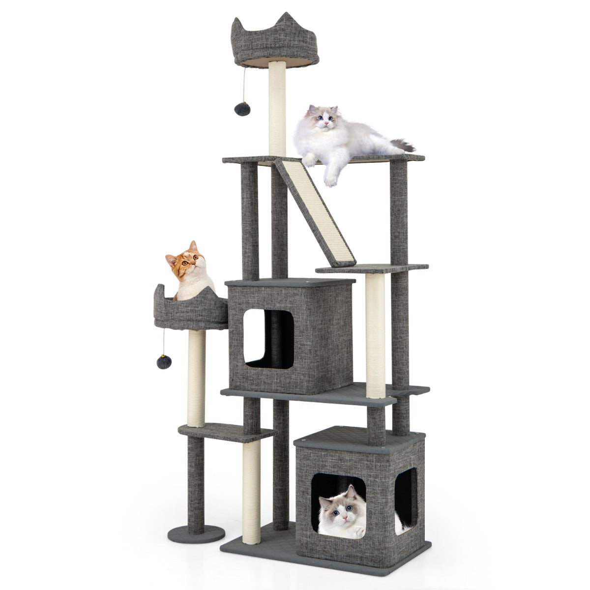 Torre para Gatos 180 cm com Postes Arranhadores e Tabuleiro de Sisal e Escada 2 Condomínios Desmontáveis Cinza