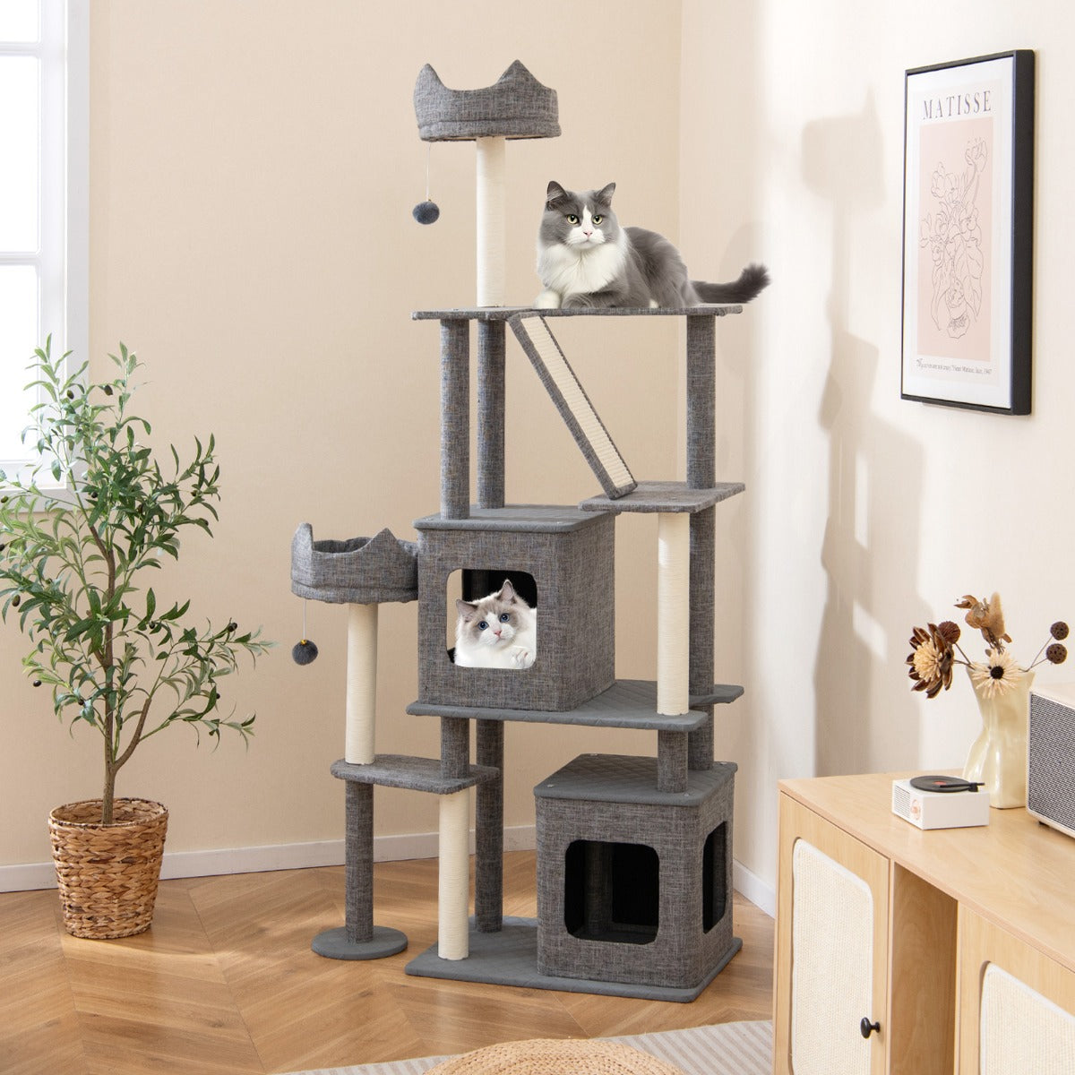 Torre para Gatos 180 cm com Postes Arranhadores e Tabuleiro de Sisal e Escada 2 Condomínios Desmontáveis Cinza
