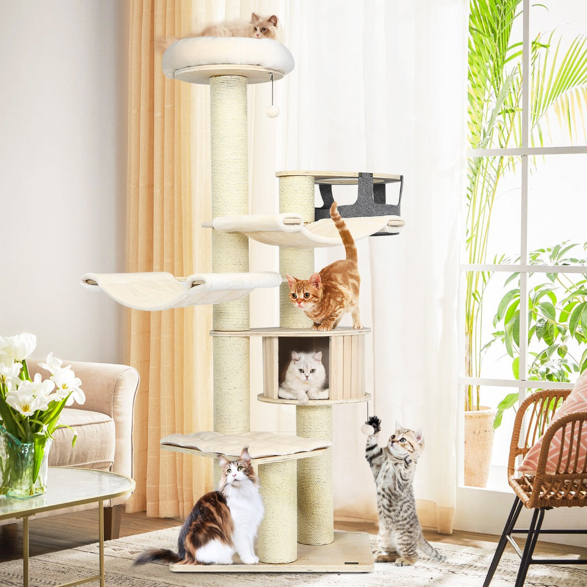 Torre para Gatos de 197 cm com Múltiplos Níveis, Condomínio de Madeira, Camas Suspensas e Cesto Pendente para Diversão, Casa Vertical para Gatos em Branco
