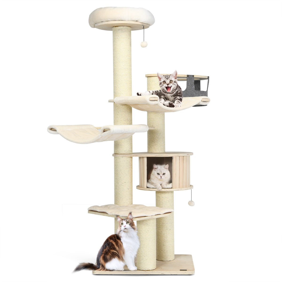 Torre para Gatos de 197 cm com Múltiplos Níveis, Condomínio de Madeira, Camas Suspensas e Cesto Pendente para Diversão, Casa Vertical para Gatos em Branco