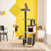 Torre para Gatos de 175 cm com Postes de Sisal e Tabuleiro Arranhador de 6 Pisos com Tapetes de Pelúcia Centro de Atividades para Gatos Cinzento