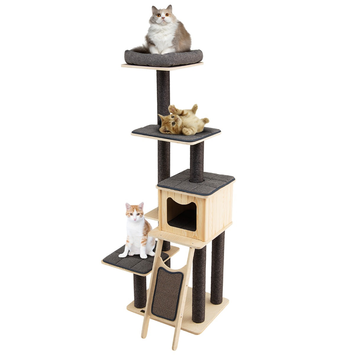Torre para Gatos de 175 cm com Postes de Sisal e Tabuleiro Arranhador de 6 Pisos com Tapetes de Pelúcia Centro de Atividades para Gatos Cinzento