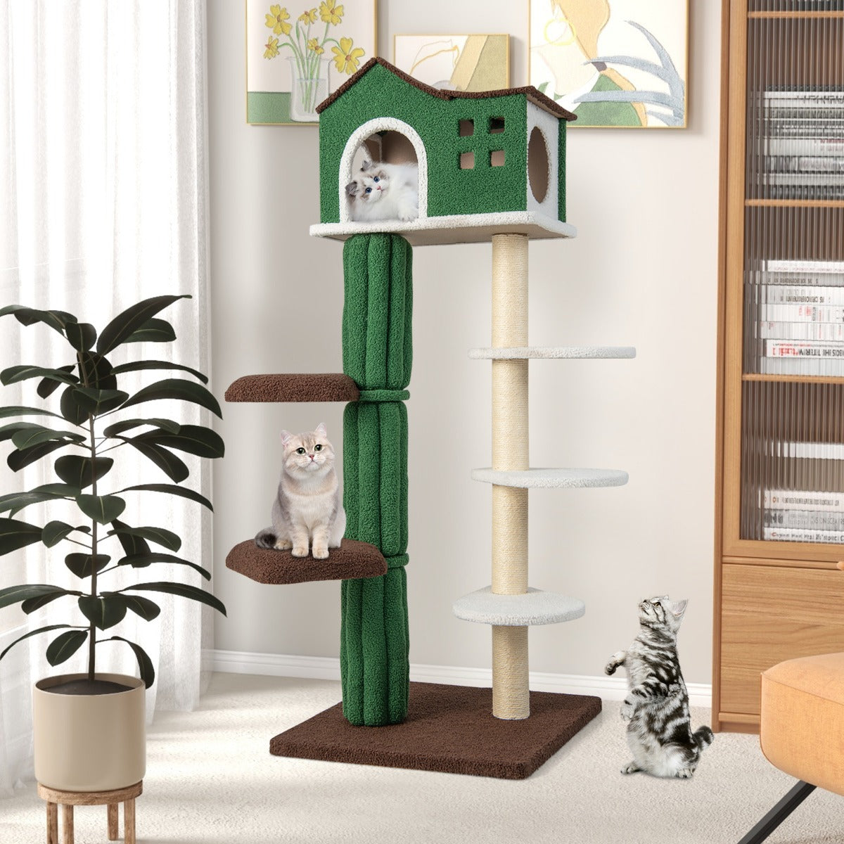 Torre para Gatos de Vários Níveis com Condomínio, Postes Arranhadores Cobertos com Sisal 58,5 x 58,5 x 153 cm