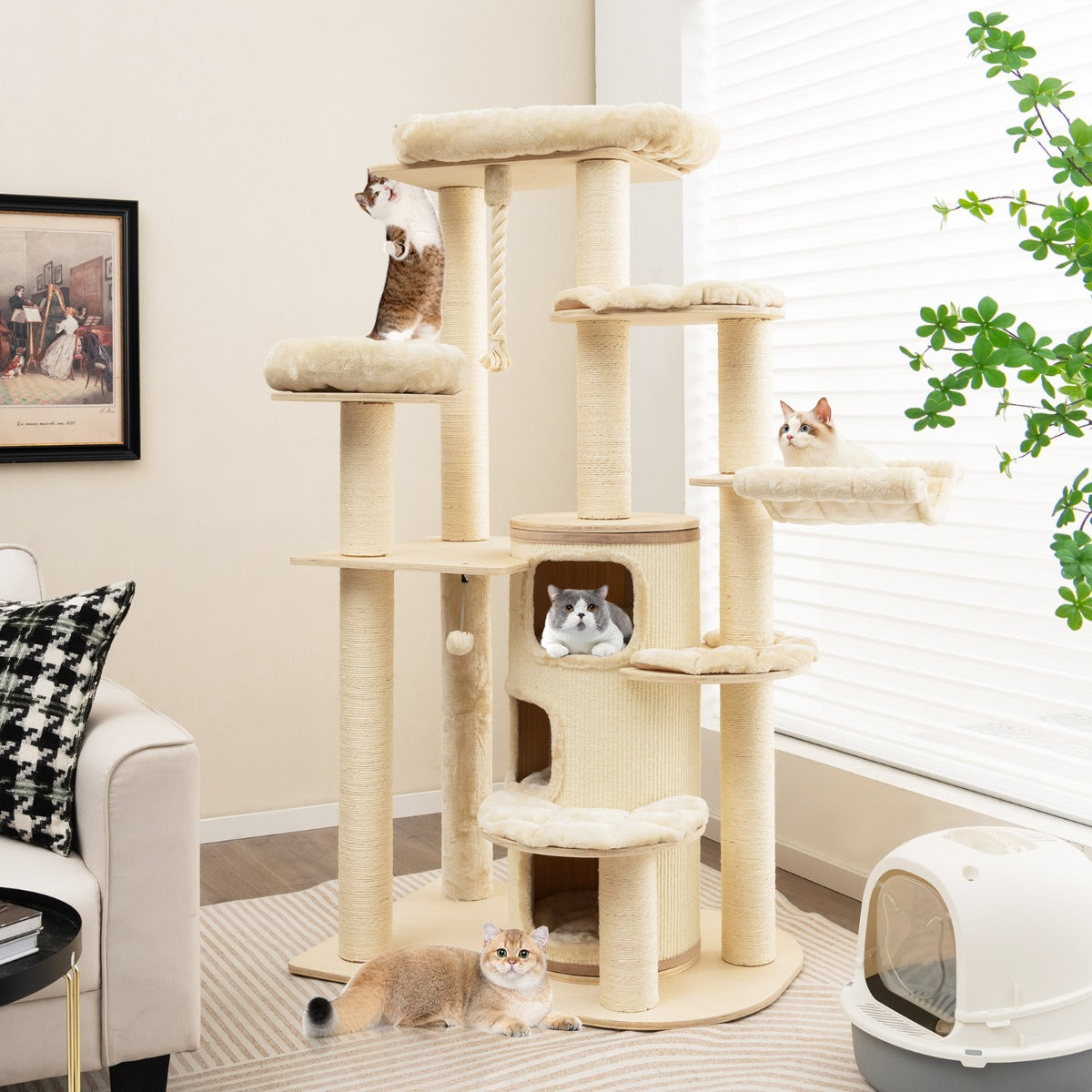 Arranhador para Gatos de Múltiplos Níveis – 95 x 68 x 173 cm – Bege
