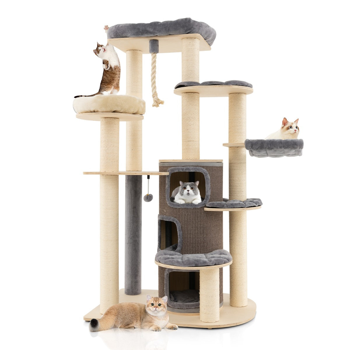 Torre para Gatos de Vários Níveis com Postes para Arranhar Móvel Moderno para Gatos em Interiores 95 x 68 x 173 cm - Cinzento