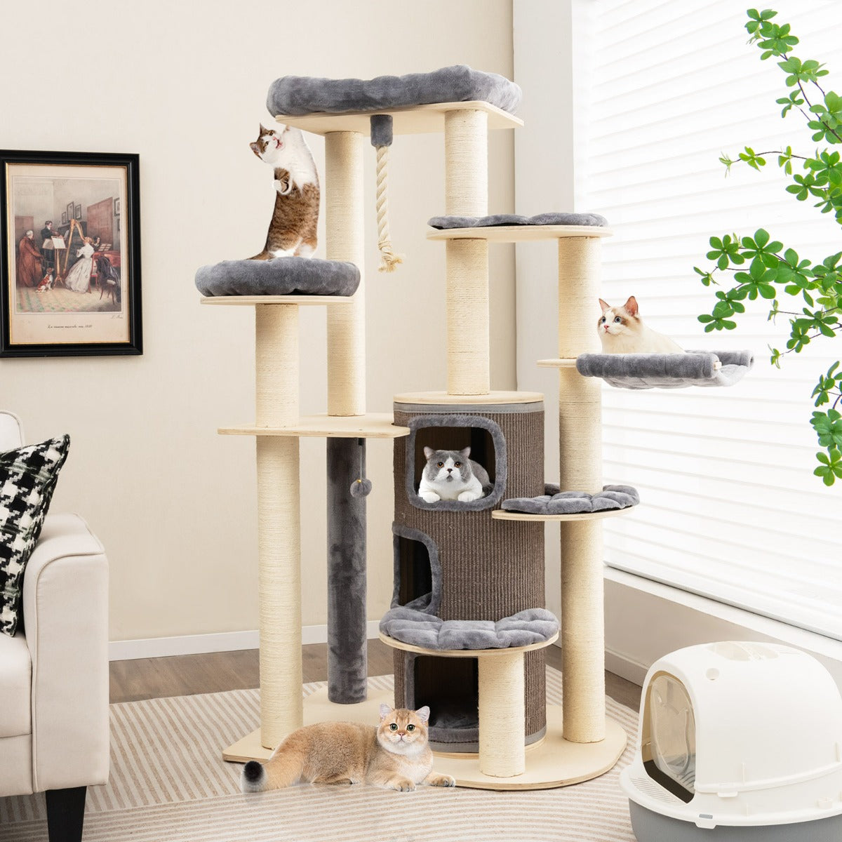 Torre para Gatos de Vários Níveis com Postes para Arranhar Móvel Moderno para Gatos em Interiores 95 x 68 x 173 cm - Cinzento