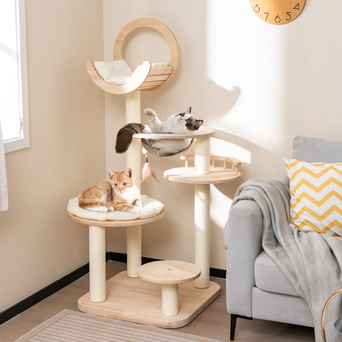 Torre para Gatos 146 cm em Madeira de Carvalho 4 em 1 com Blocos de Construção e Plataforma