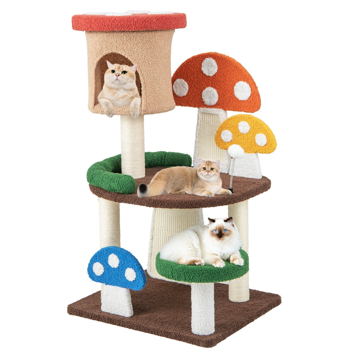 Torre para Gatos em Forma de Cogumelo 4 em 1 com Condomínio Plataforma Bola de Mola Postes de Sisal e Tabuleiros para Arranhar Multicolorido