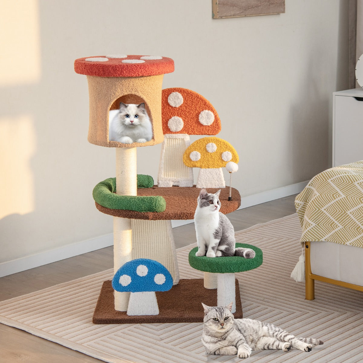 Torre para Gatos em Forma de Cogumelo 4 em 1 com Condomínio Plataforma Bola de Mola Postes de Sisal e Tabuleiros para Arranhar Multicolorido