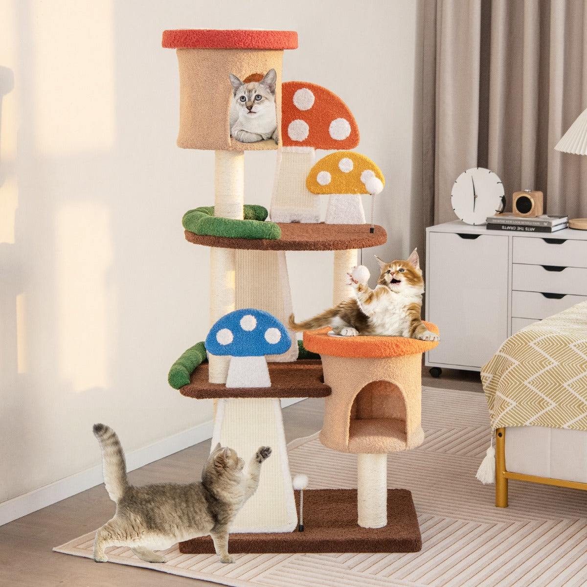 Torre para Gatos 4 em 1 com 2 Condomínios Plataformas Postes de Sisal Bolas Interativas