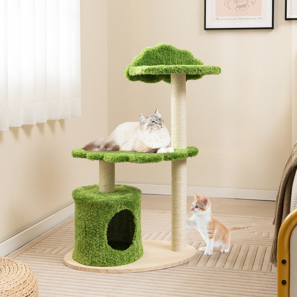 Torre para Gatos com 97 cm de Altura, Interior com Postes Arranhadores de Sisal, Percha Superior Acolchoada e Plataforma de Salto Verde