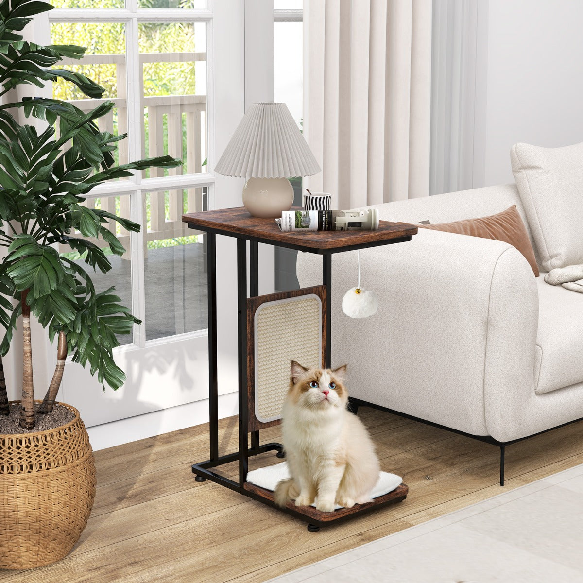 Arranhador para Gatos e Mesa Auxiliar em Forma de C – 50 x 30 x 64 cm – Castanho – Metal e MDF