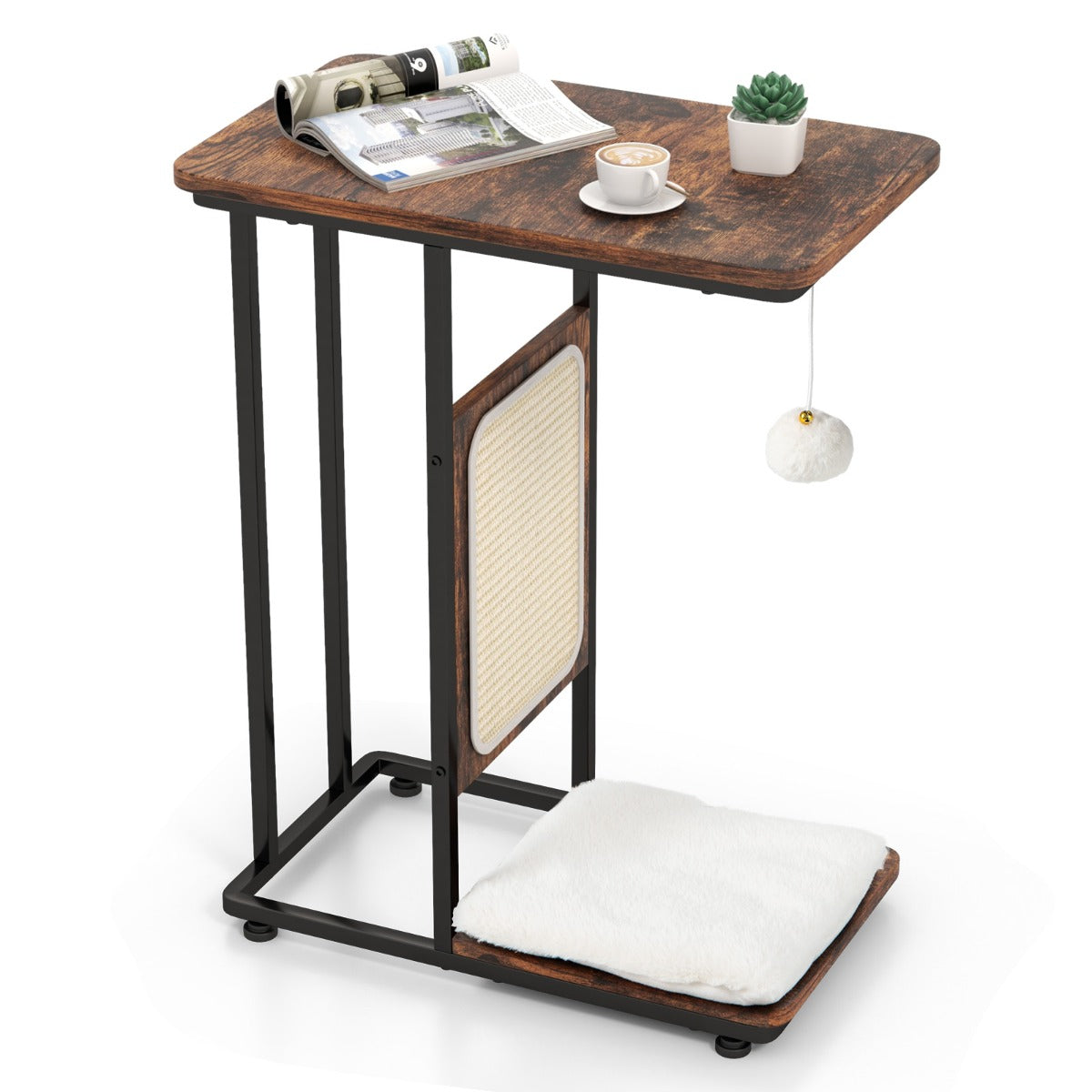 Arranhador para Gatos e Mesa Auxiliar em Forma de C – 50 x 30 x 64 cm – Castanho – Metal e MDF