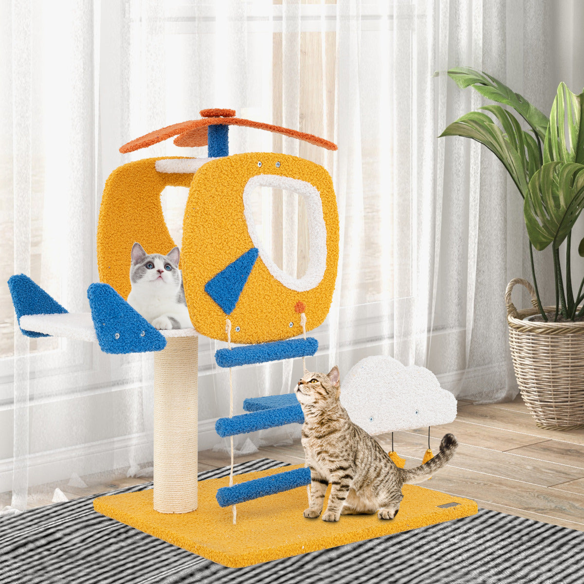 Torre para Gatos Temática de Aviação com Perchero em Forma de Helicóptero e Poste para Arranhar