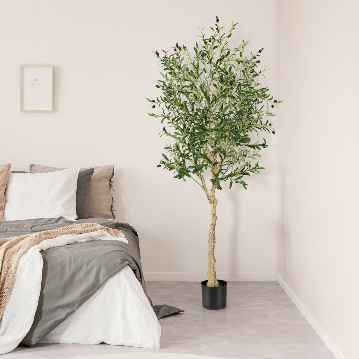 Conjunto de 2 Plantas de Oliveira Artificial 182 cm Plantas Falsas Decorativas de Imitação em Vaso de Cimento para Interior Escritório Casa